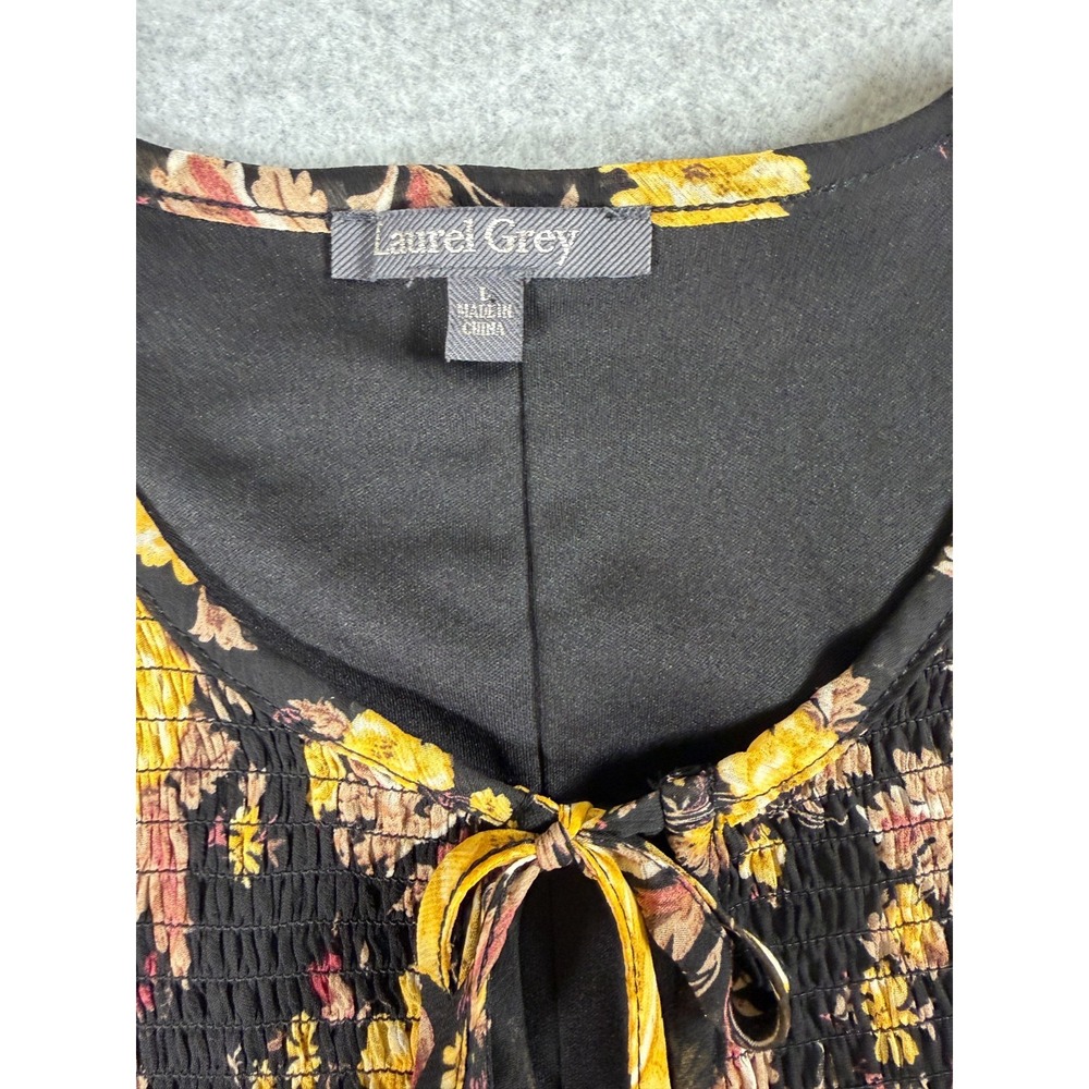 Laurel Grey Dress L Black Floral Dark Romantic Whimsigoth Chiffon Smocked SKU284 - Picture 3 of 7